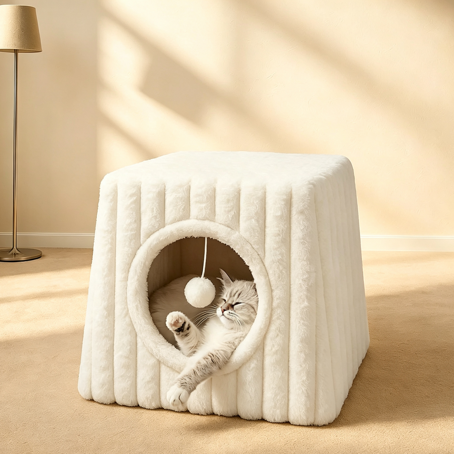 Plush Square Cat Bed Cave with Hanging Toy, Washable Pet Tent