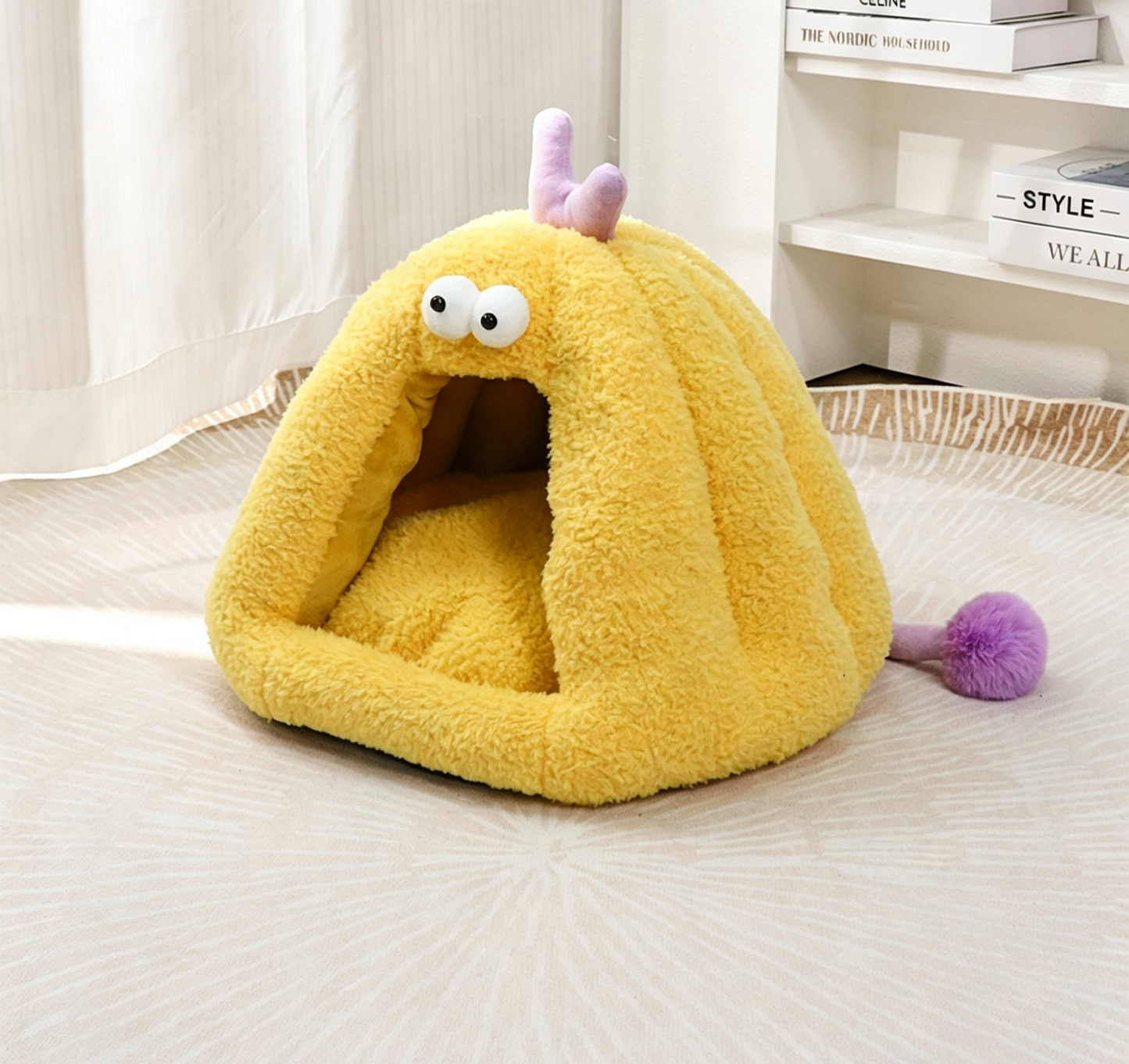 Plush Monster Pet Cave Bed for Cats & Small Dogs, Washable Cozy Igloo Tent