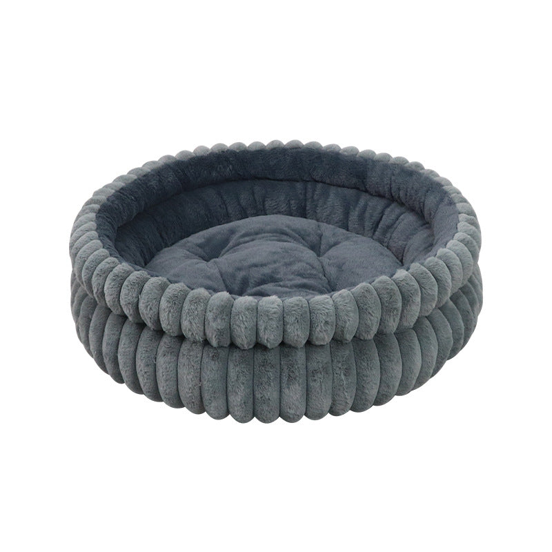 Round Plush Calming Pet Bed with Raised Sides, Washable Cat Nest