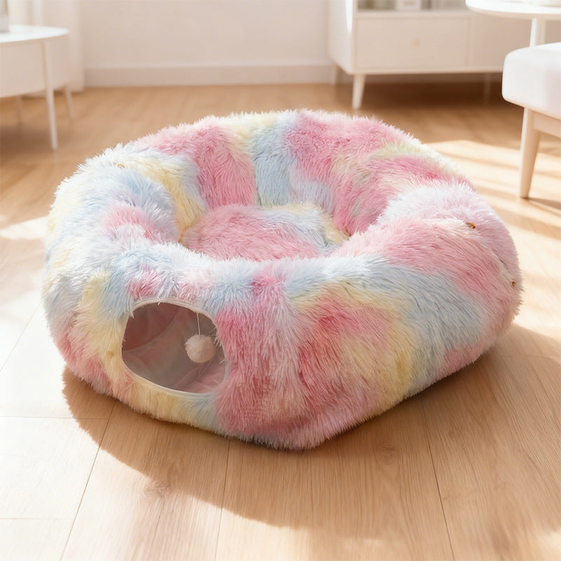 Plush Cat Tunnel Bed with Hanging Toy, Washable Round Pet Cave