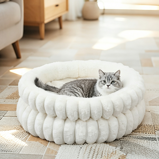 Round Plush Calming Pet Bed with Raised Sides, Washable Cat Nest