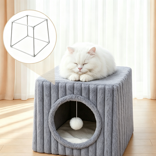 Plush Square Cat Bed Cave with Hanging Toy, Washable Pet Tent