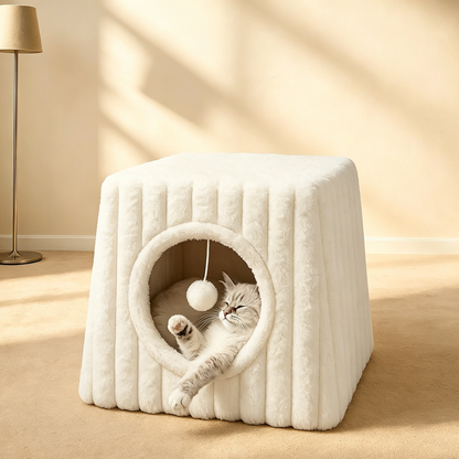 Plush Square Cat Bed Cave with Hanging Toy, Washable Pet Tent