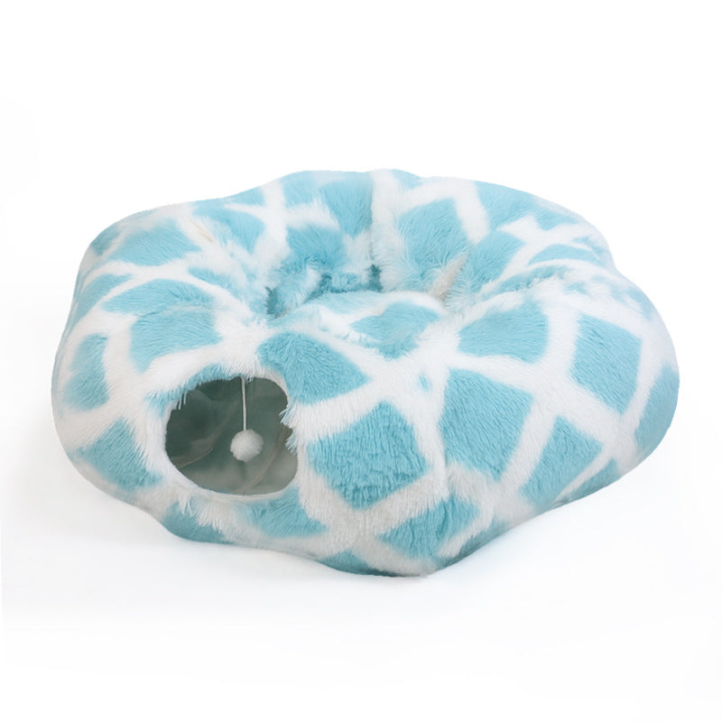 Plush Cat Tunnel Bed with Hanging Toy, Washable Round Pet Cave