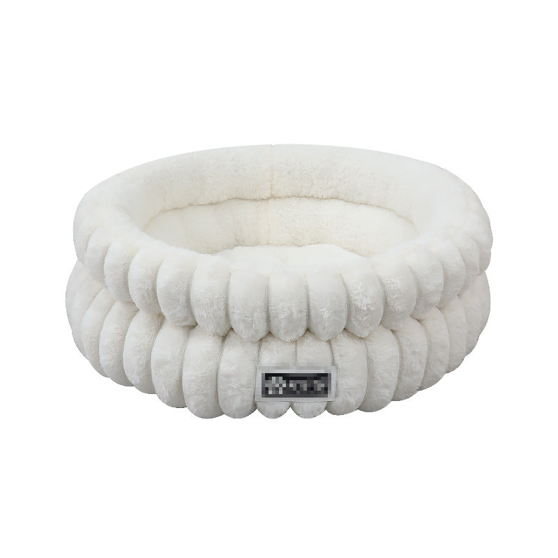 Round Plush Calming Pet Bed with Raised Sides, Washable Cat Nest