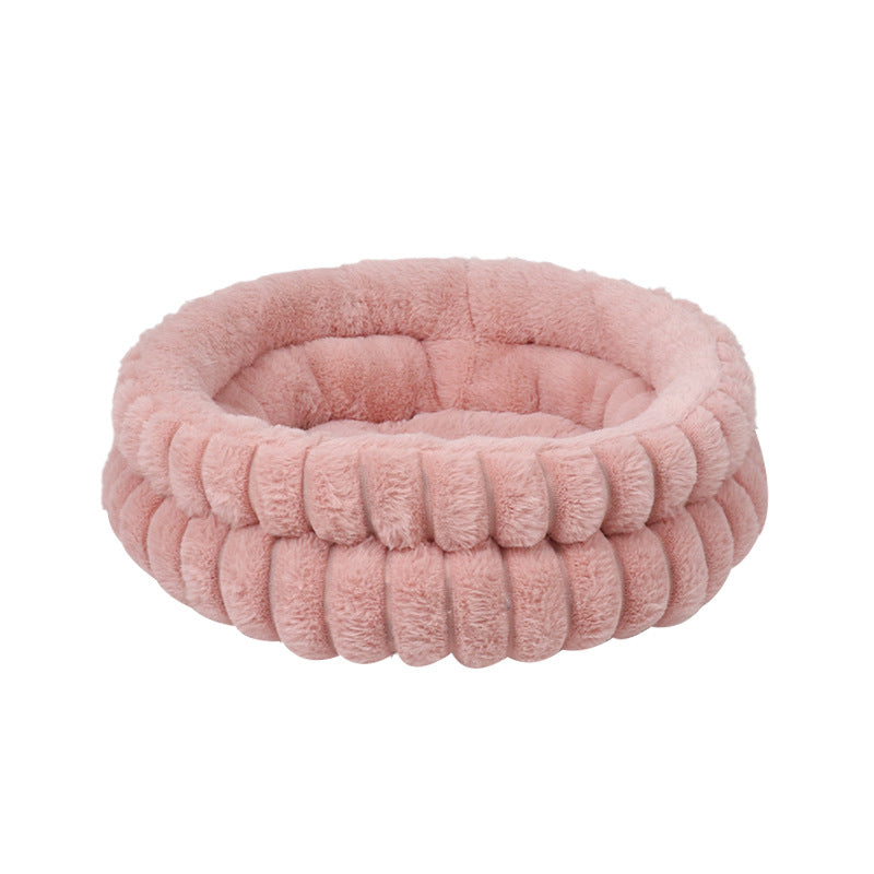 Round Plush Calming Pet Bed with Raised Sides, Washable Cat Nest