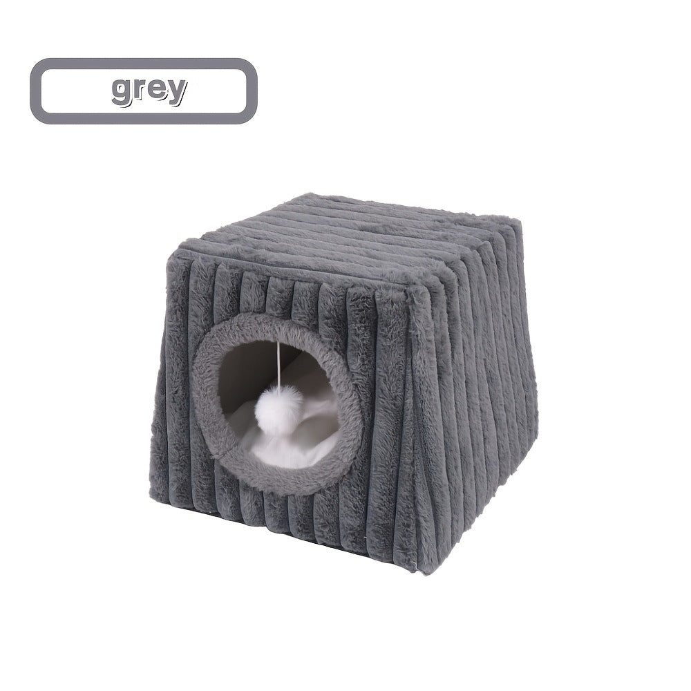 Plush Square Cat Bed Cave with Hanging Toy, Washable Pet Tent