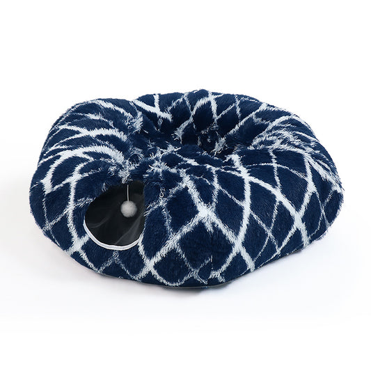 Plush Cat Tunnel Bed with Hanging Toy, Washable Round Pet Cave