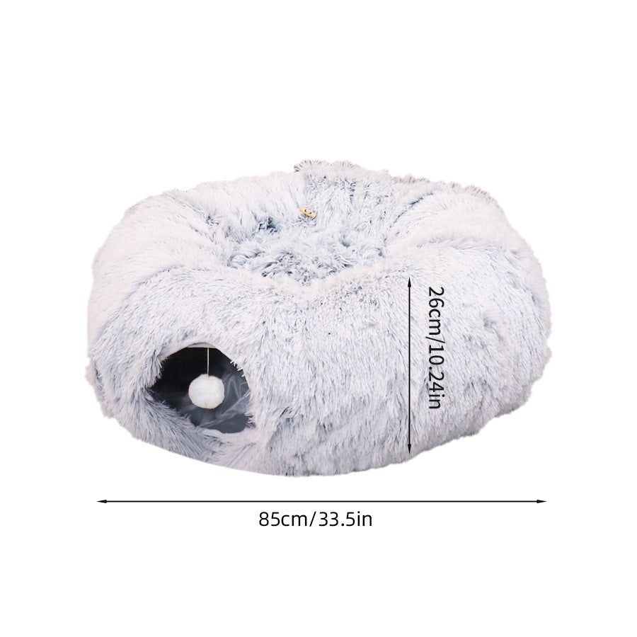 Plush Cat Tunnel Bed with Hanging Toy, Washable Round Pet Cave