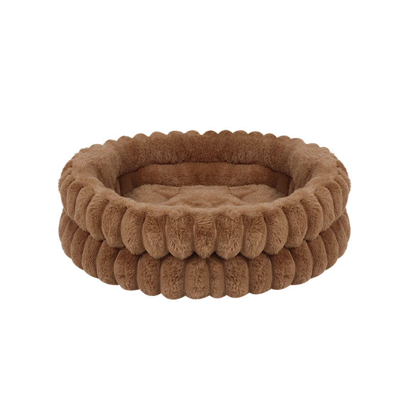 Round Plush Calming Pet Bed with Raised Sides, Washable Cat Nest